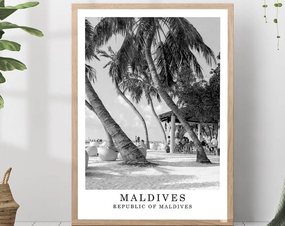 Maldives Travel Print Black And White Photo Landmark Wall Art Decor Gift Poster
