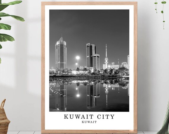 Kuwait City Night Skyline Towers Reflection Black And White Photo Poster
