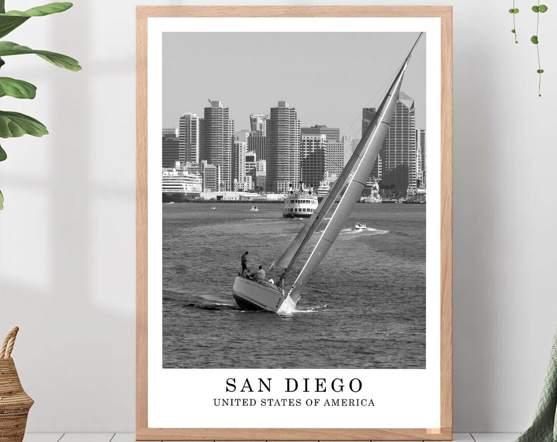San Diego Sailboat Skyline Black And White California Poster