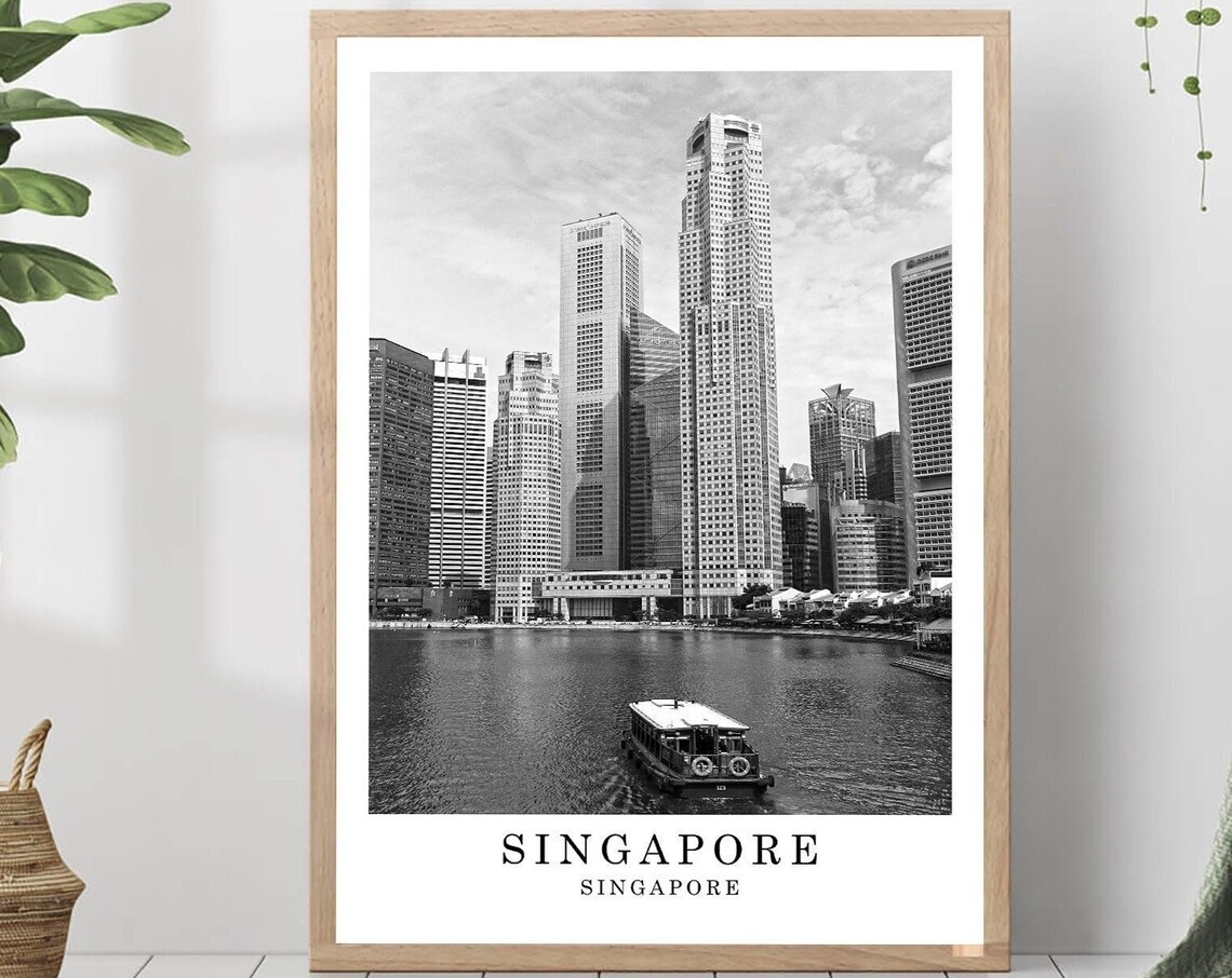Singapore Marina Bay Skyscrapers Boat Black White Photo Poster