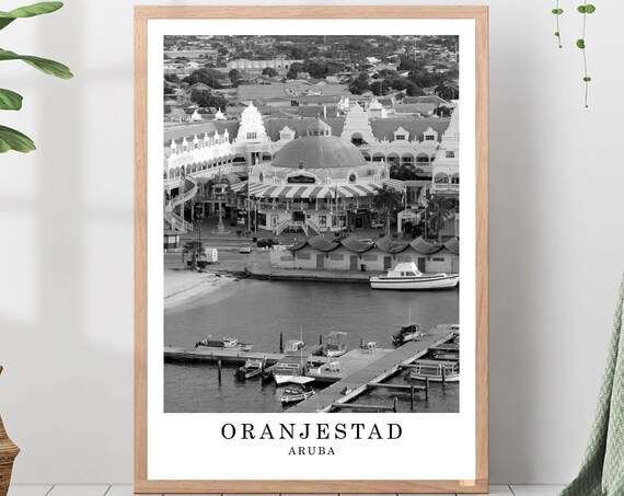 Oranjestad Aruba Travel Poster Black And White Photo City Landmark Wall Art Print Gift