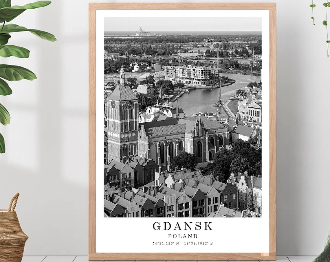 Gdansk Aerial View St Marys Church Old Town Black White Photo Poster