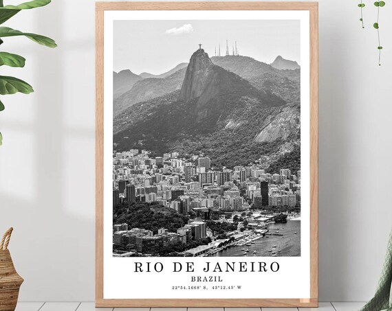 Rio De Janeiro Travel Poster Black And White Photo City Landmark Coordinates Gift Print