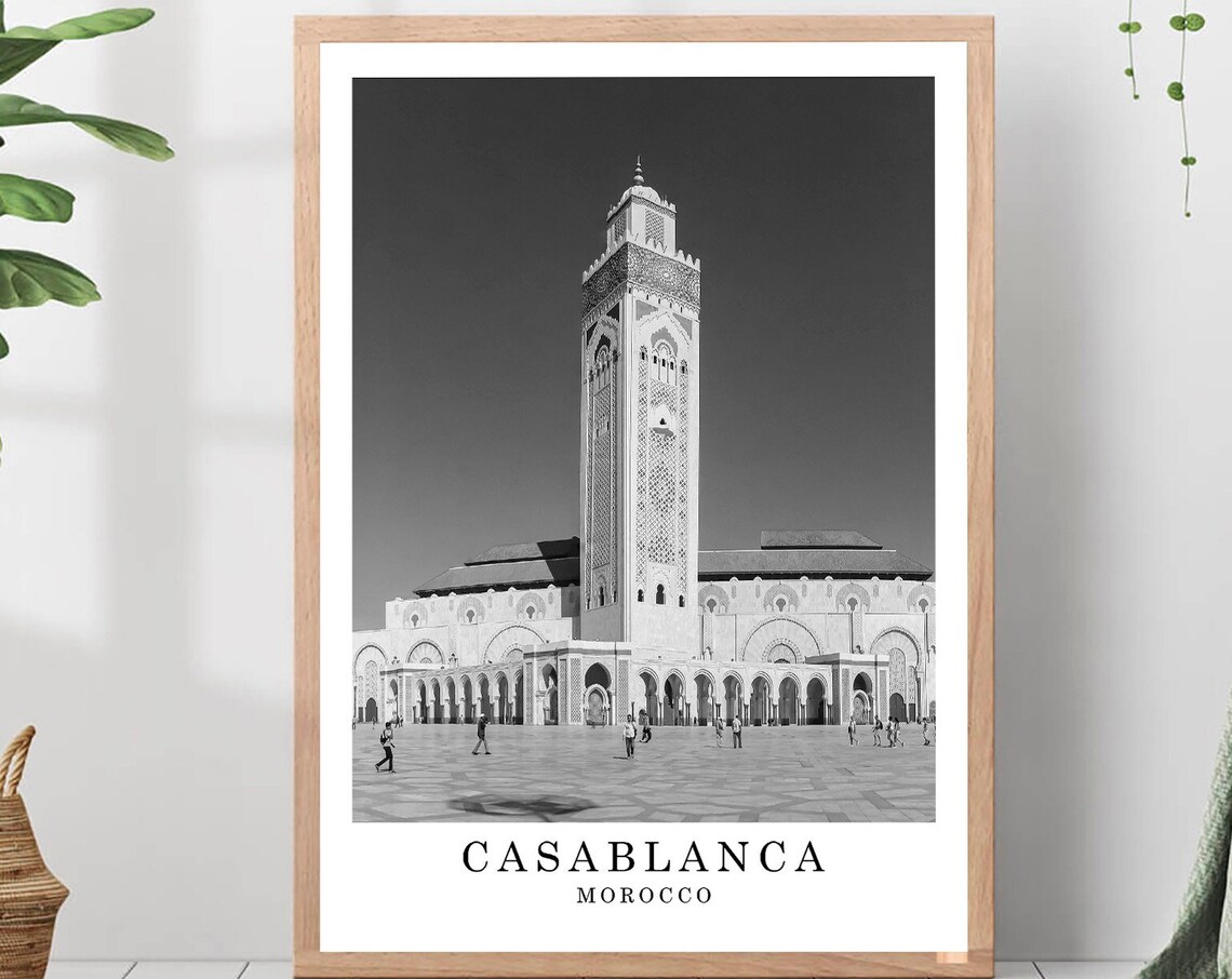 Casablanca Hassan II Mosque Minaret Morocco Black White Poster