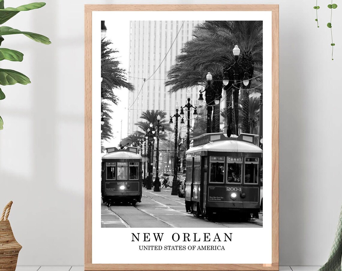 New Orleans Streetcars Canal Street Black And White Travel Poster
