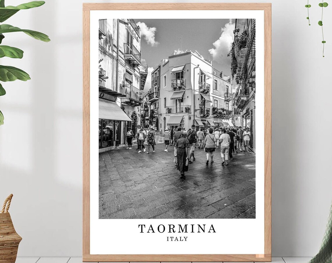 Taormina Corso Umberto Bustling Street Black White Photo Poster