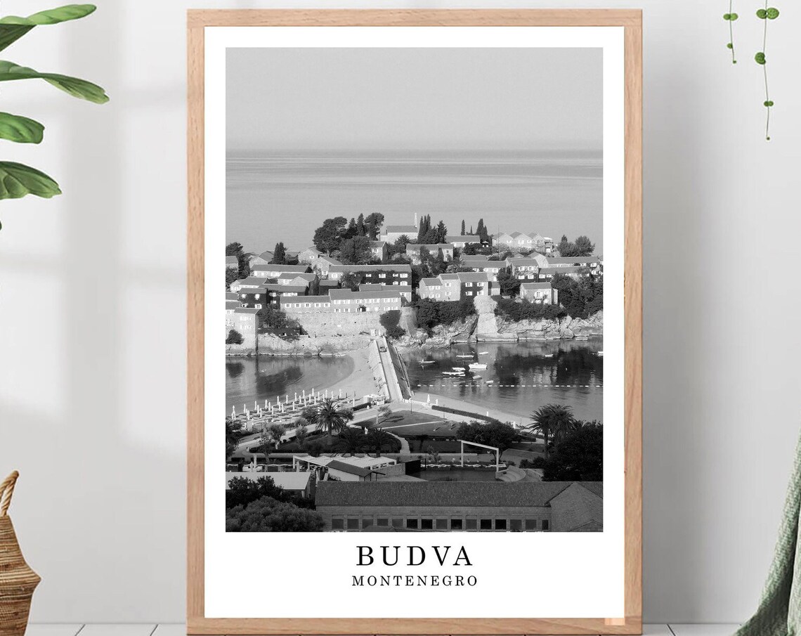 Budva Sveti Stefan Peninsula Black And White Montenegro Poster