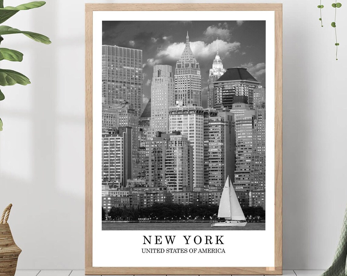New York Manhattan Skyline Sailboat Black and White Photo Poster