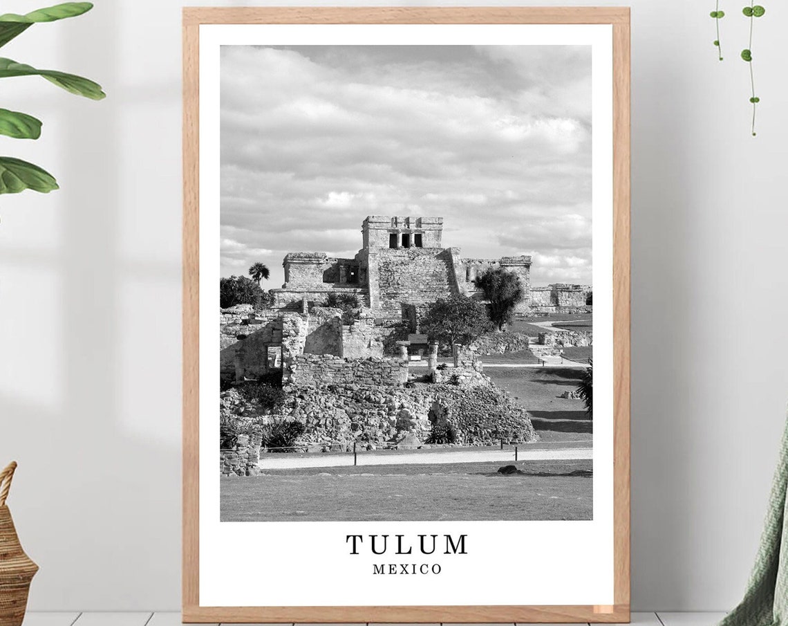 Tulum Mexico Mayan Ruins Stone Pyramid Black And White Photo Poster
