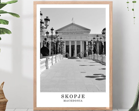 Skopje Travel Poster Black And White Photo City Landmark Wall Art Print Decor Gift