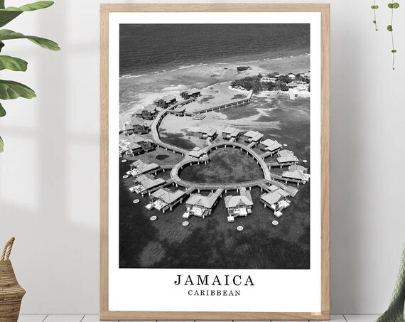 Jamaica Caribbean Travel Poster Black And White Photo City Landmark Wall Art Print Decor Gift
