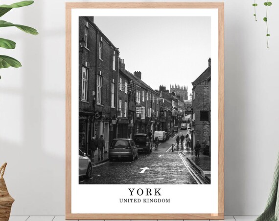 York Historic Cobblestone Street Black And White England City Poster