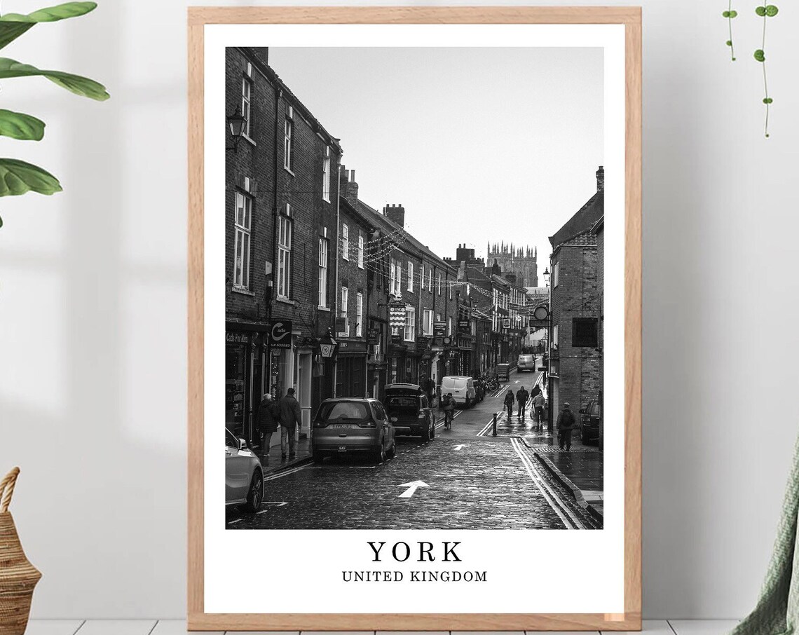 York United Kingdom Cobblestone Street Black And White Travel Poster