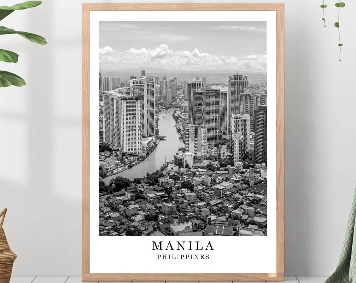 Manila Skyline Aerial Black and White Cityscape Photo Poster