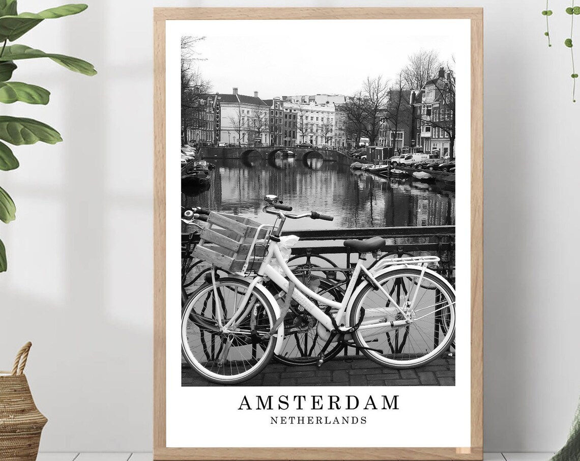 Amsterdam Canal Bicycles Bridge Black And White Netherlands Poster