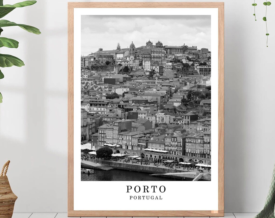 Porto Ribeira Old Town Douro River Portugal Black White Poster