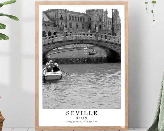 Seville Spain Plaza De Espana Canal Boats Black And White Photo Poster