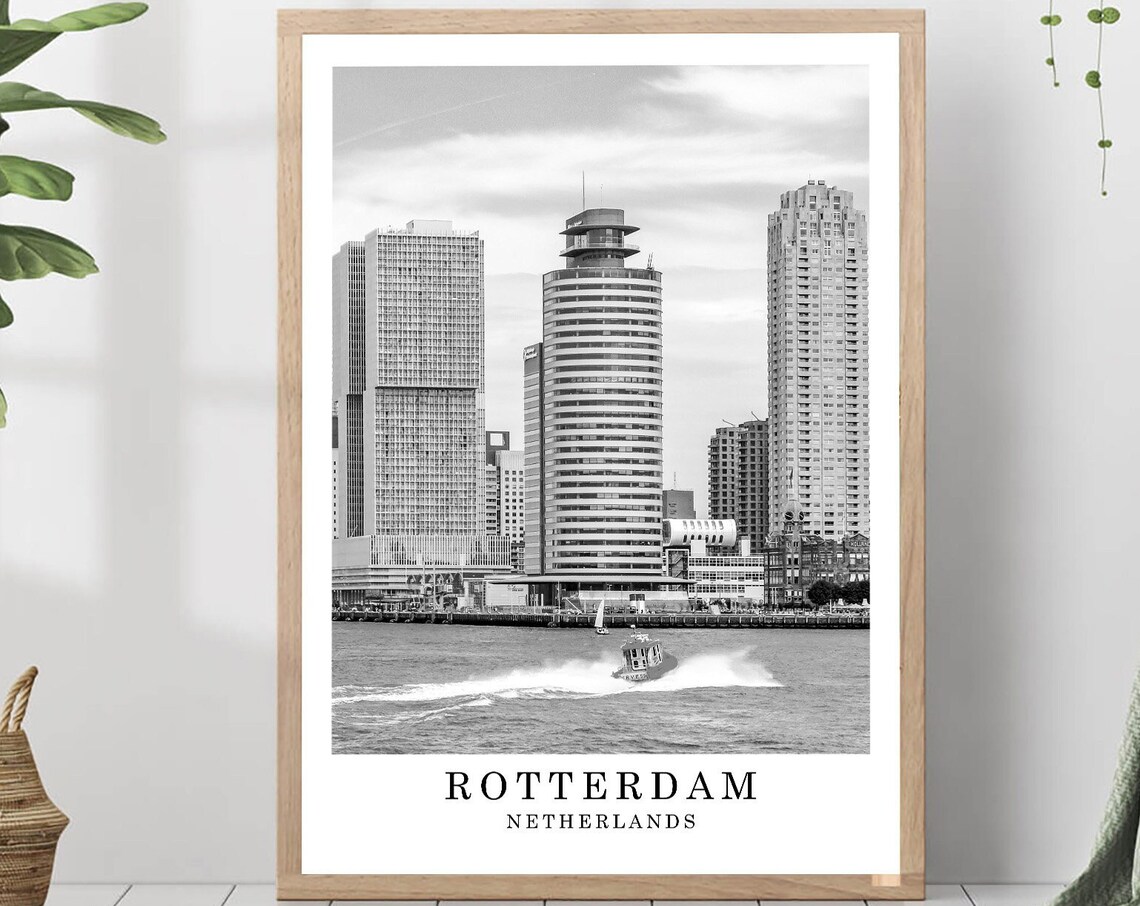 Rotterdam Modern Waterfront Skyline Black and White Photo Poster