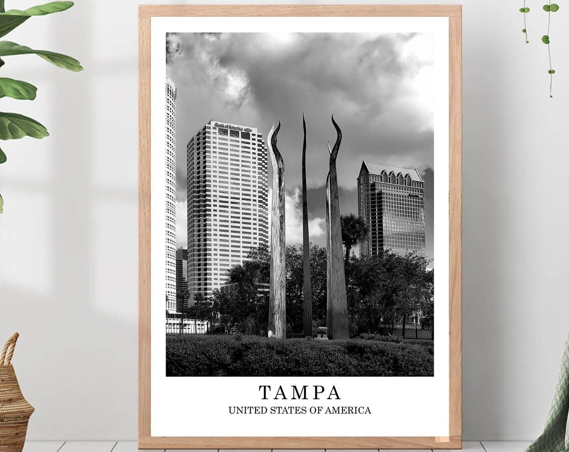 Tampa Florida Downtown Skyline Night Black White Photo Poster