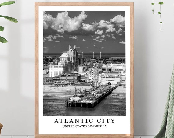 Atlantic City Travel Poster Black And White Photo Landmark Wall Art Gift