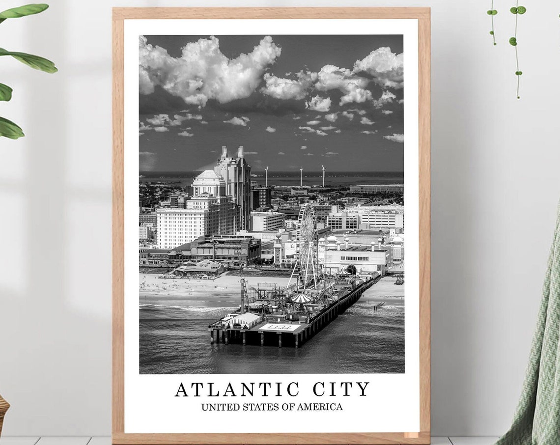 Atlantic City Boardwalk Pier Ferris Wheel Ocean Black White Poster