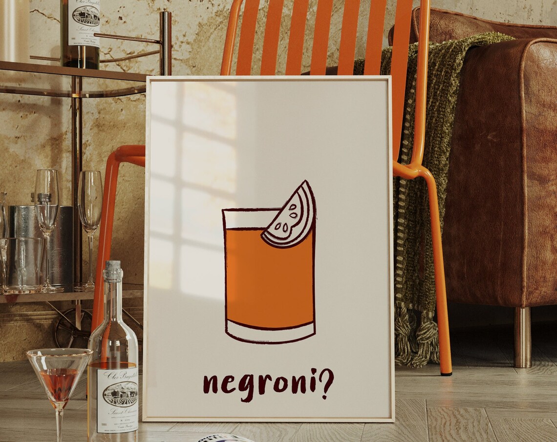 Negroni Orange Cocktail Hand Drawn Illustration Bar Cart Poster