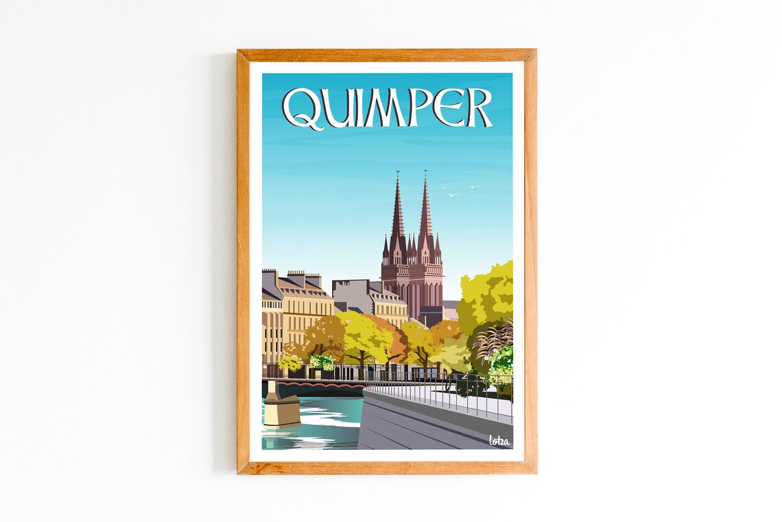 Quimper Brittany France Cathedral River Vintage Travel Poster