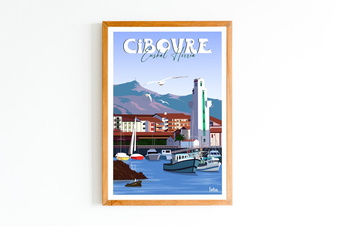 Ciboure Euskal Herria Vintage Travel Harbor Boats Tower Poster