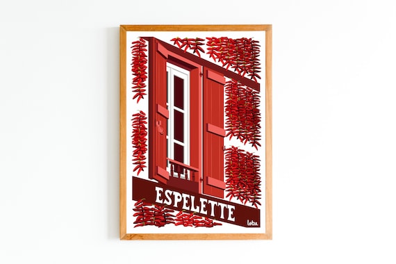 Espelette Basque Chili Pepper Red Shutters Vintage Travel Poster