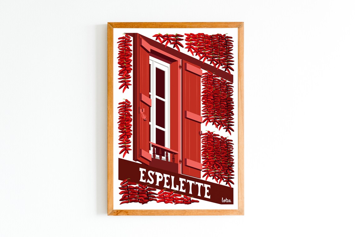 Espelette Basque Chili Pepper Red Shutters Vintage Travel Poster