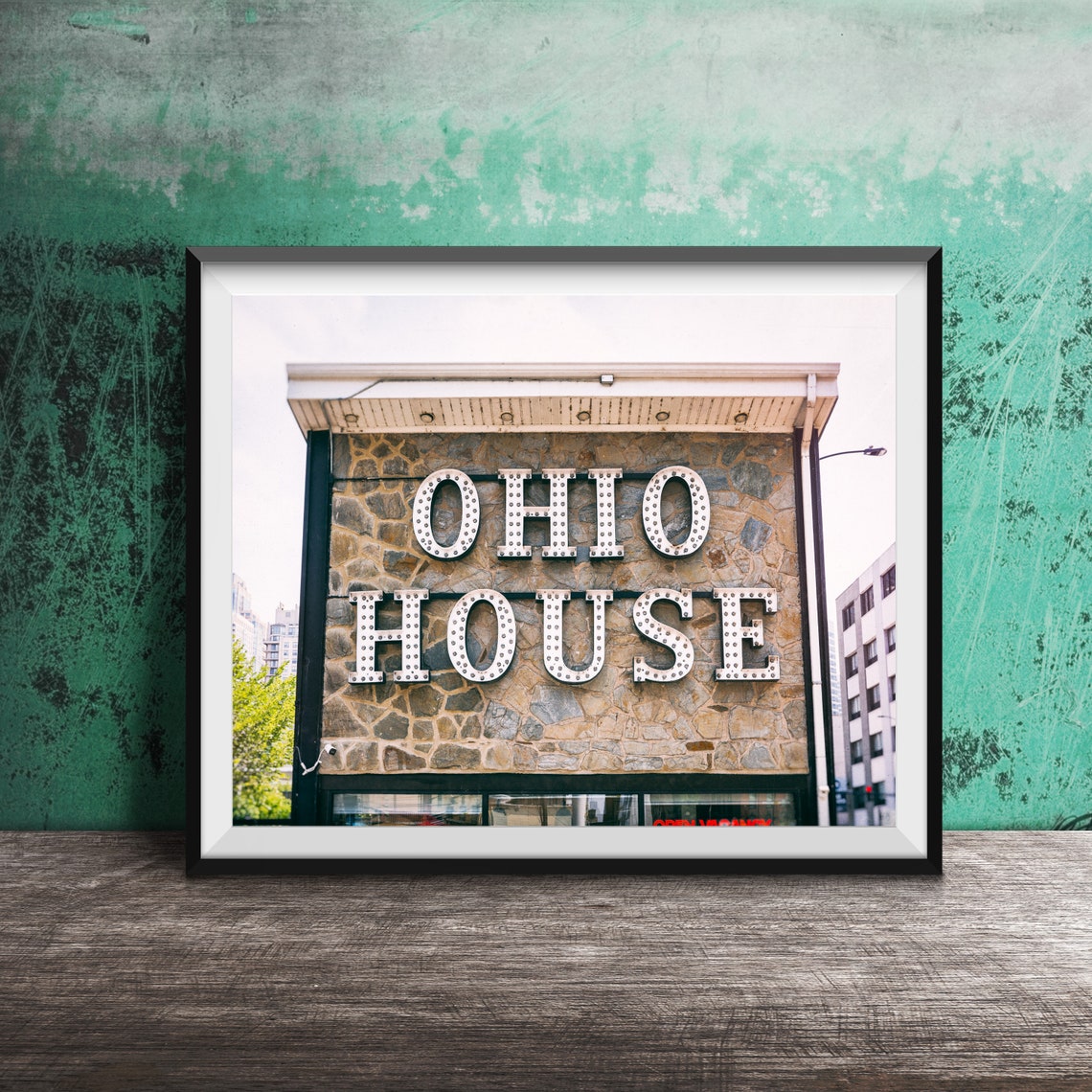 Ohio House Motel Marquee Bulb Letters on Stone Building Poster