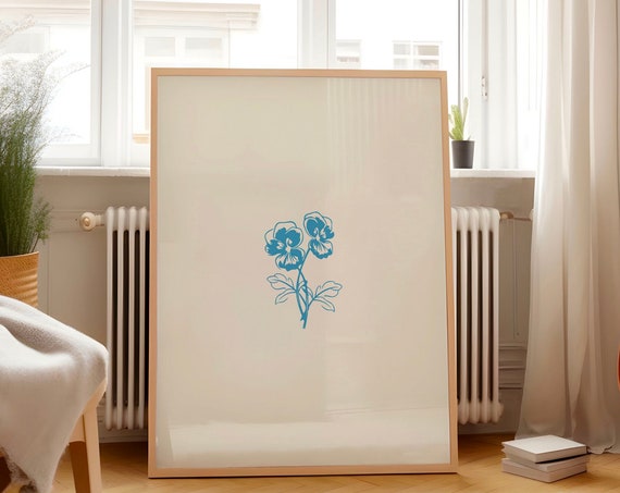 Simple Blue Floral Print Wall Art Nursery Art Abstract Vintage Painting Cottagecore Decor Art