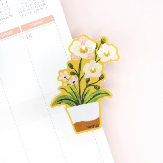 Potted White Orchid Flowers Die Cut Sticker Style Botanical Art Print