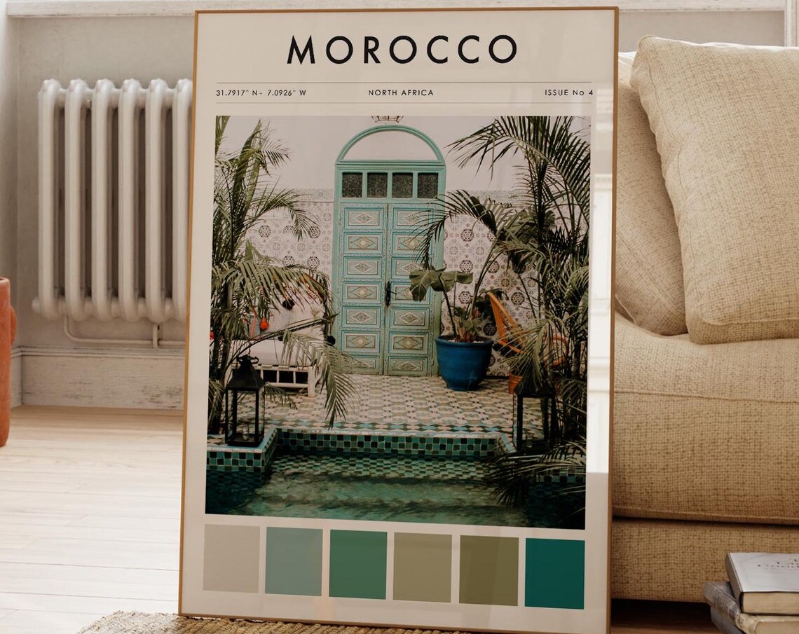 Morocco Turquoise Riad Door Courtyard Pool Magazine Travel Poster