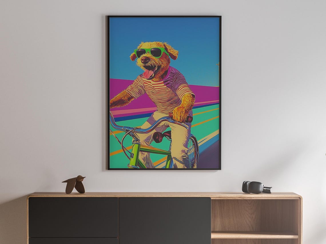 Funny Dog Riding Bicycle Neon Pop Art Colorful Retro Wall Art