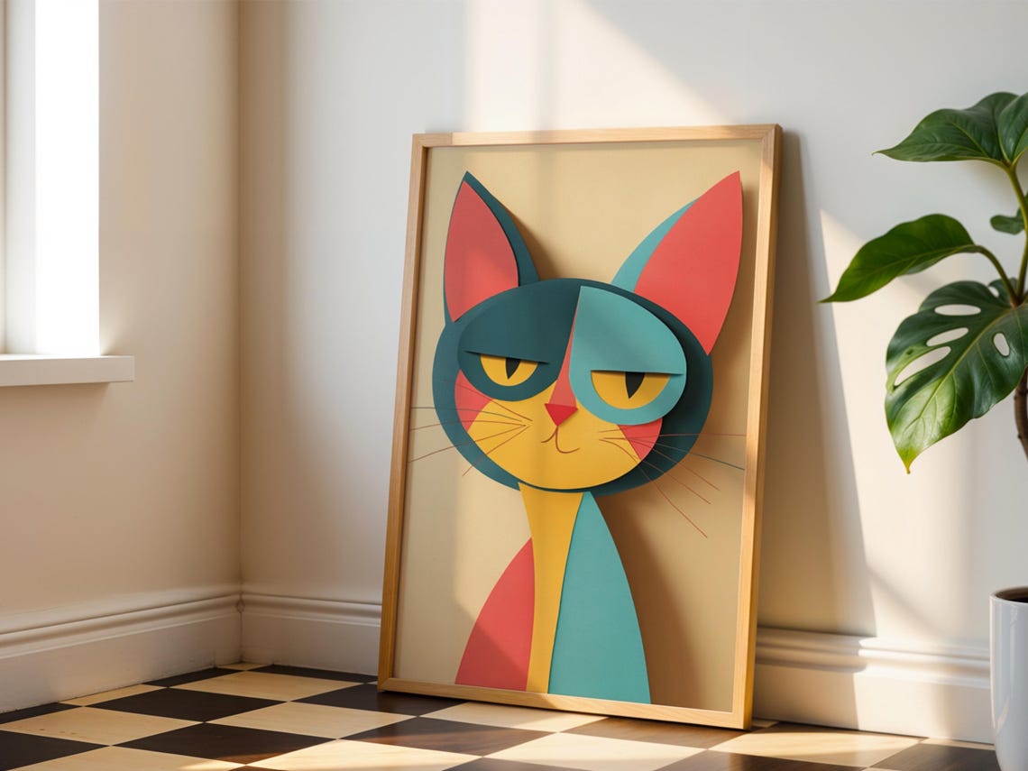 Colorful Geometric Cat Mid Century Modern Playful Pop Art Poster