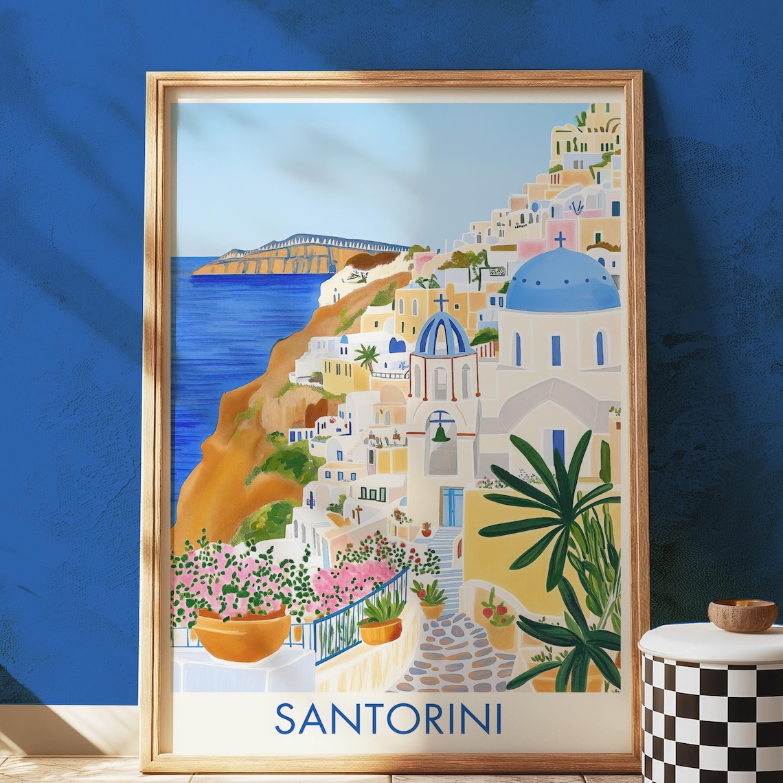 Santorini Greece Blue Domes Aegean Cliffside Village Travel Poster