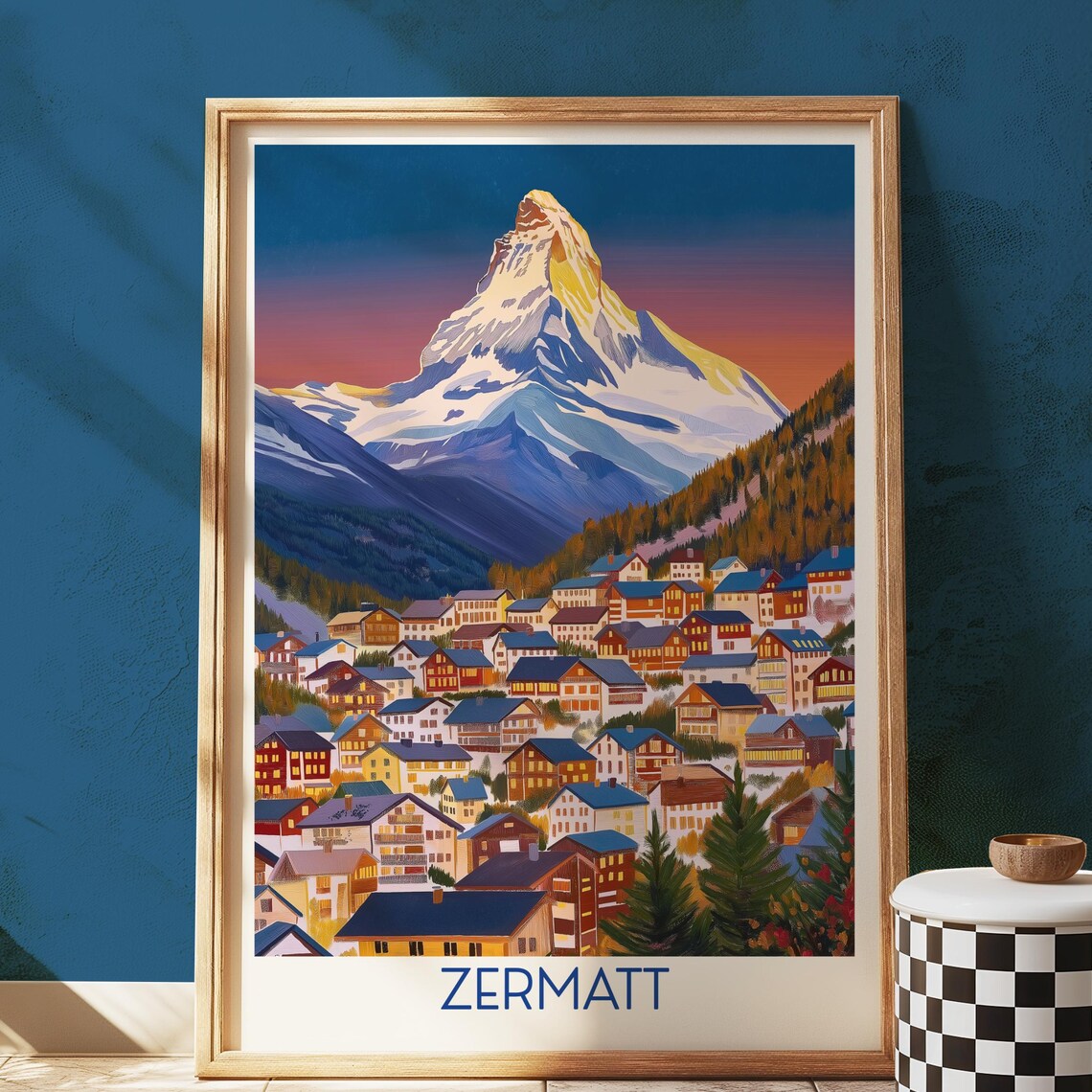 Zermatt Matterhorn Village Sunset Retro Alpine Ski Art Poster