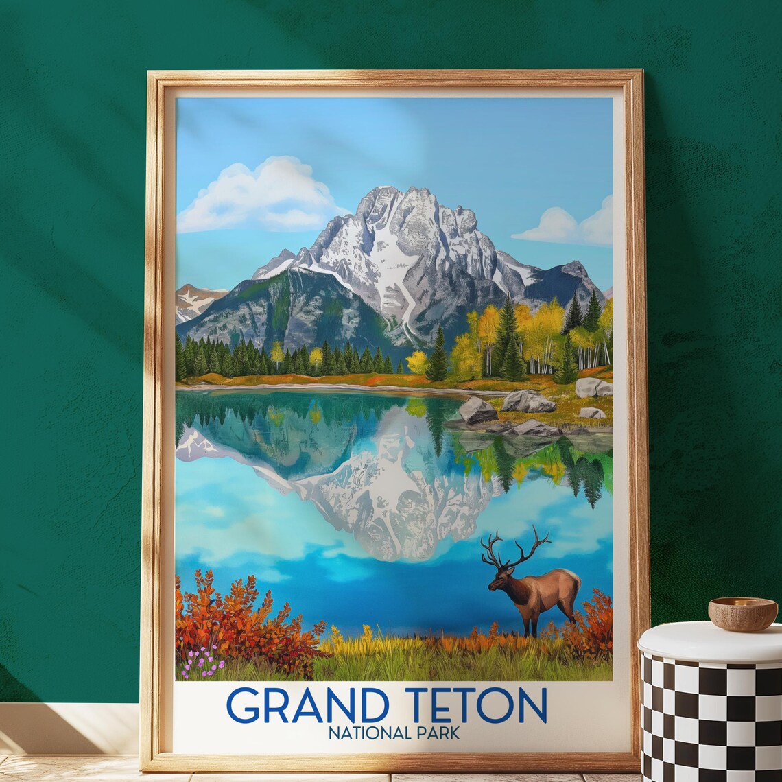 Grand Teton National Park Elk Mountain Lake Reflection Vintage Poster
