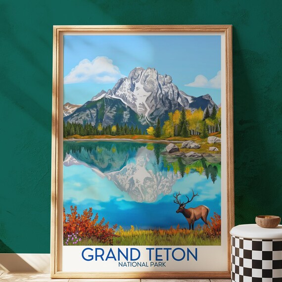 Grand Teton National Park Elk Mountain Lake Reflection Vintage Poster