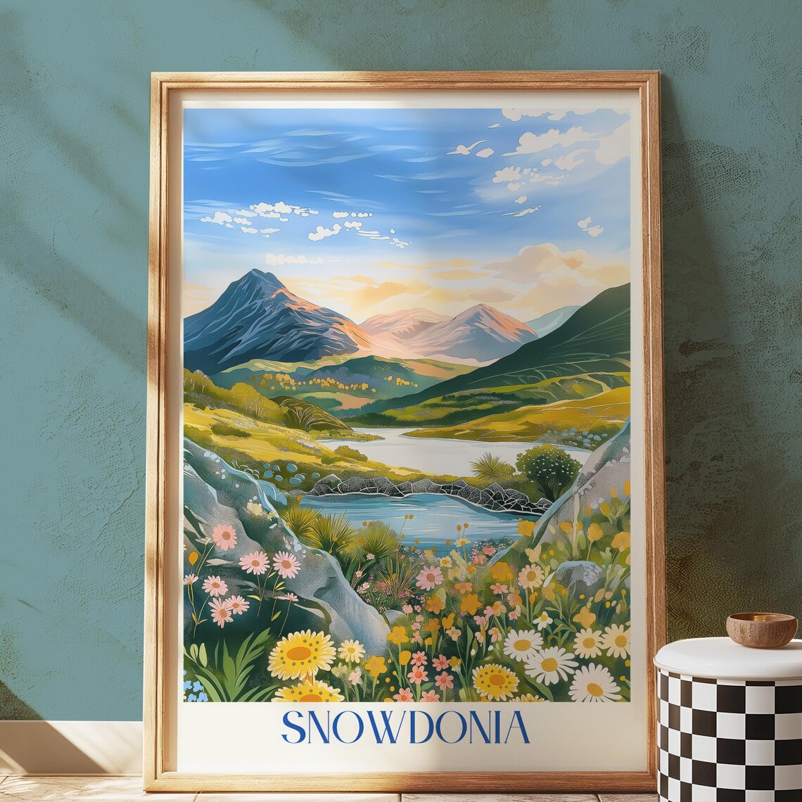 Snowdonia Wales Mountain Lake Wildflowers Vintage Travel Poster