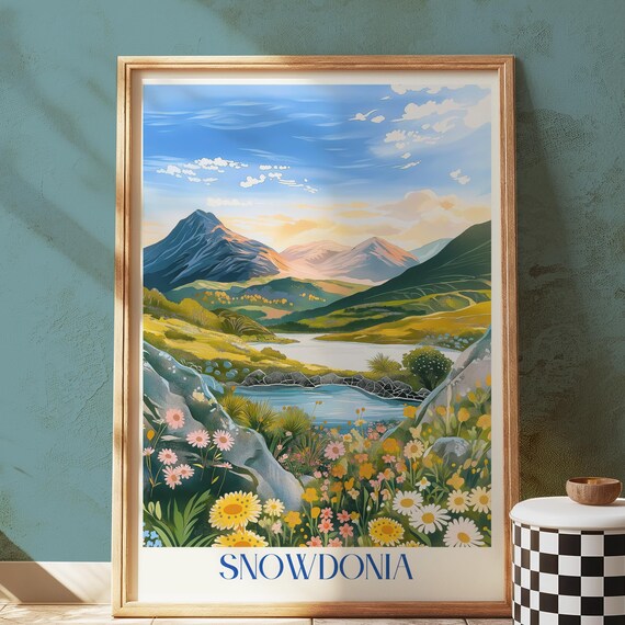 Snowdonia Wales Mountain Lake Wildflowers Vintage Travel Poster