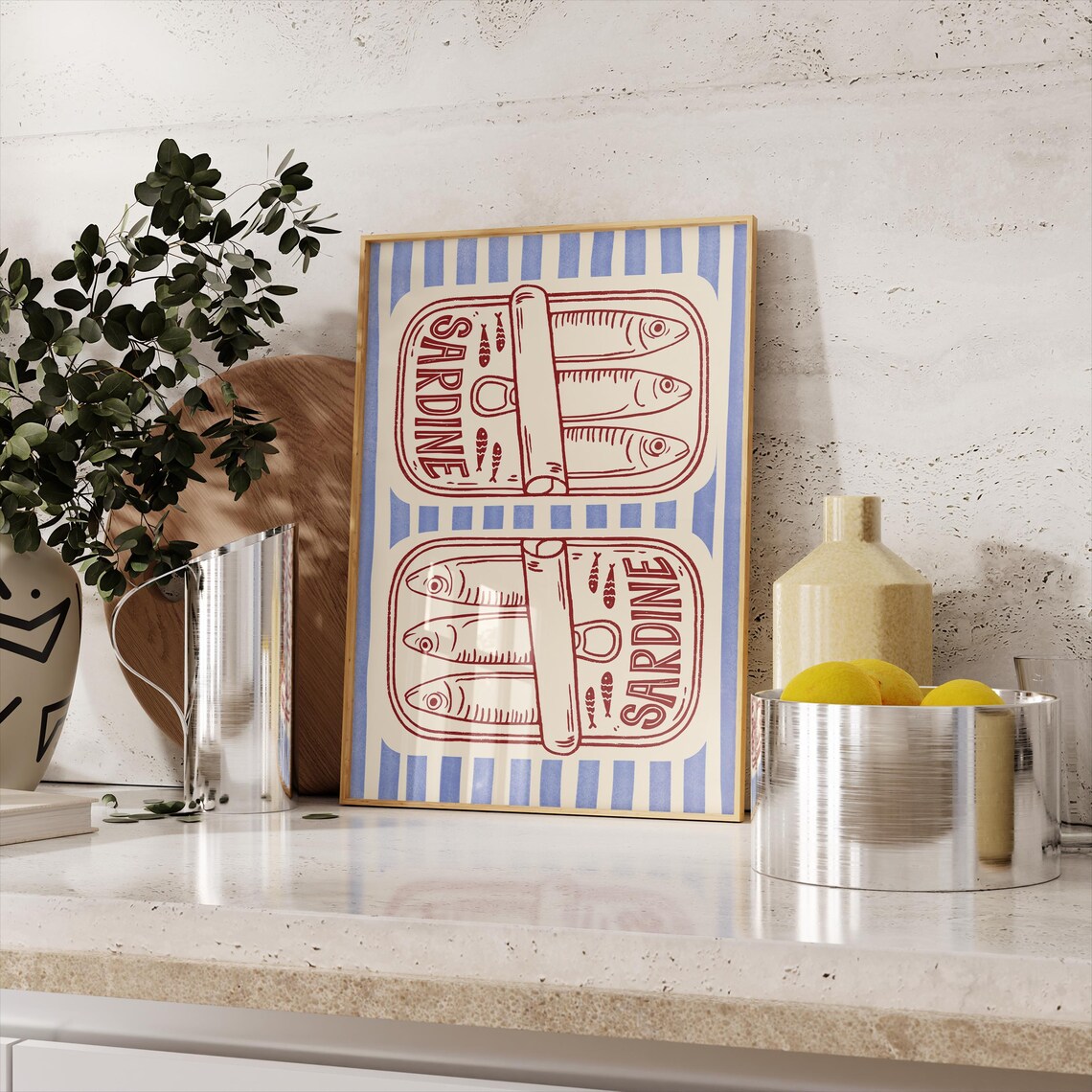 Sardine Tins Retro Illustration Blue Stripe Coastal Wall Poster