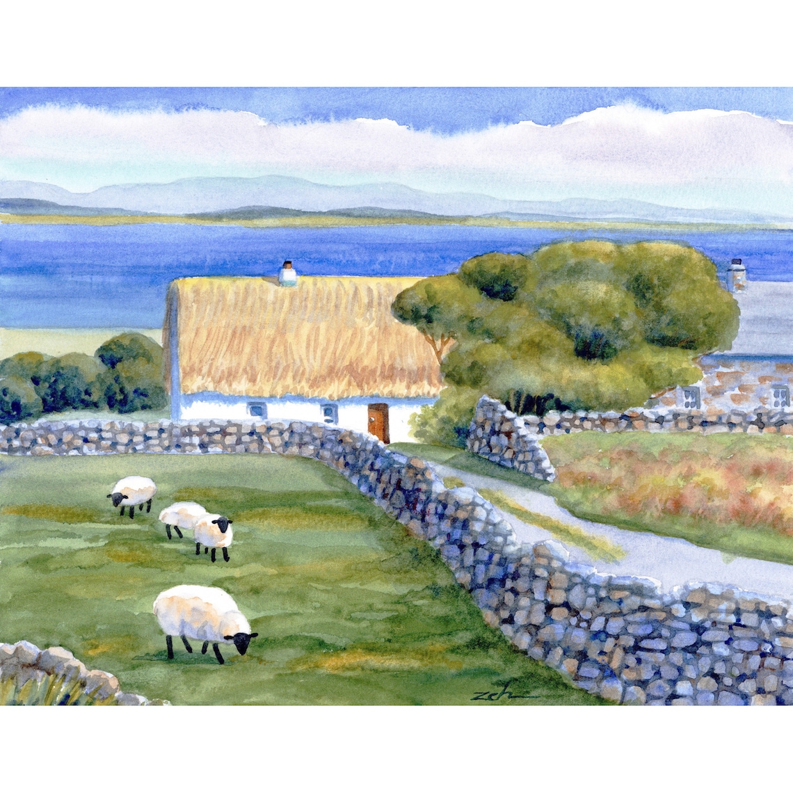 Aran Islands Watercolor Landscape, Ireland Art Print