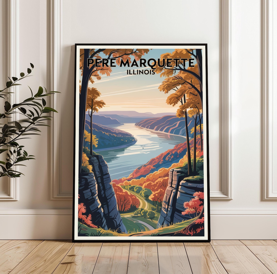 Pere Marquette Illinois Autumn River Bluffs Scenic Travel Poster