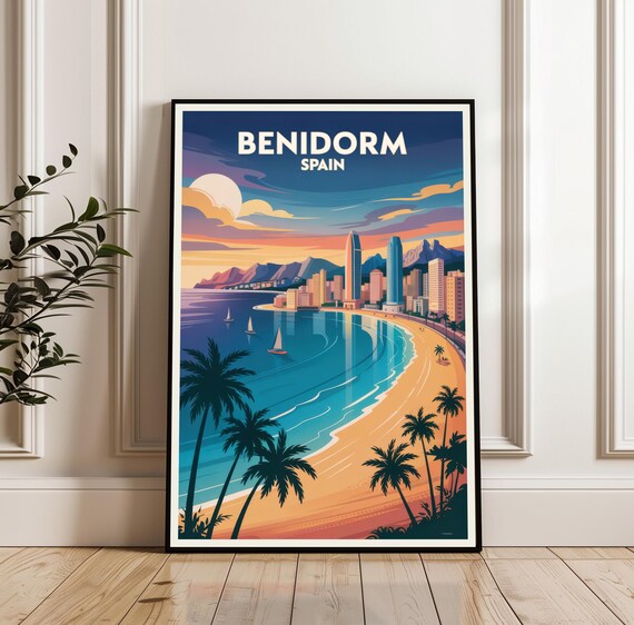 Benidorm Sunset Beach Cityscape Sailboats Spain Travel Poster