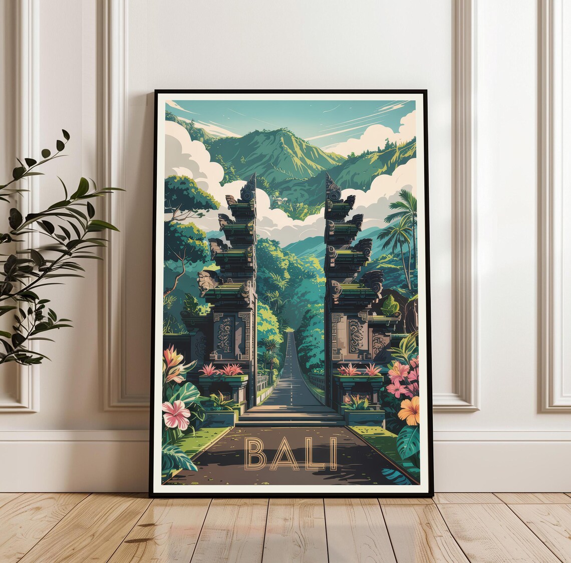 Bali Indonesia Tropical Split Temple Gate Mountain Travel Poster