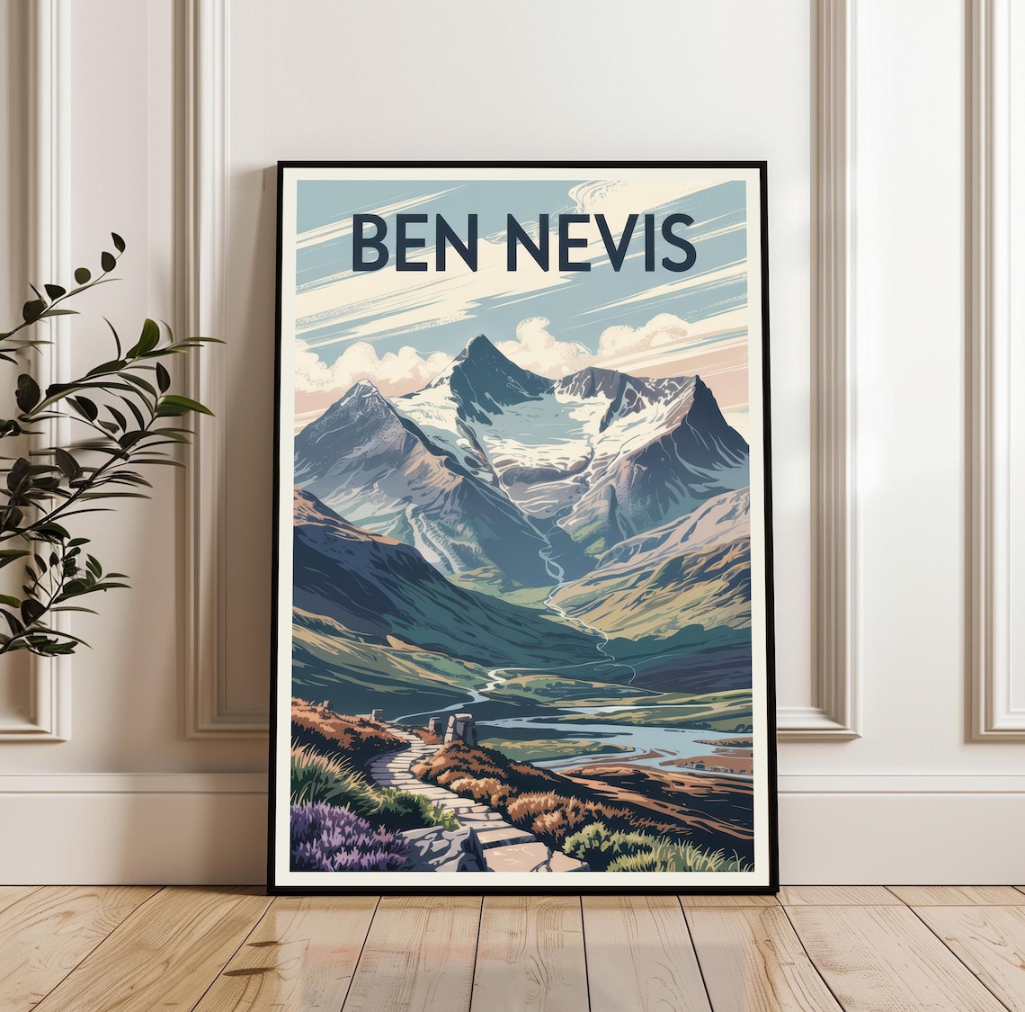 Ben Nevis Scotland Rugged Snow Peak Heather Valley Travel Poster