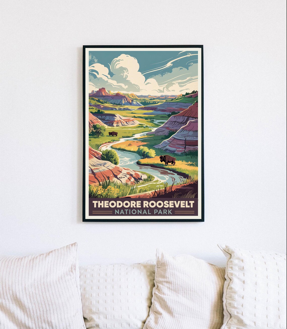 Theodore Roosevelt National Park Badlands Bison River Scene Poster