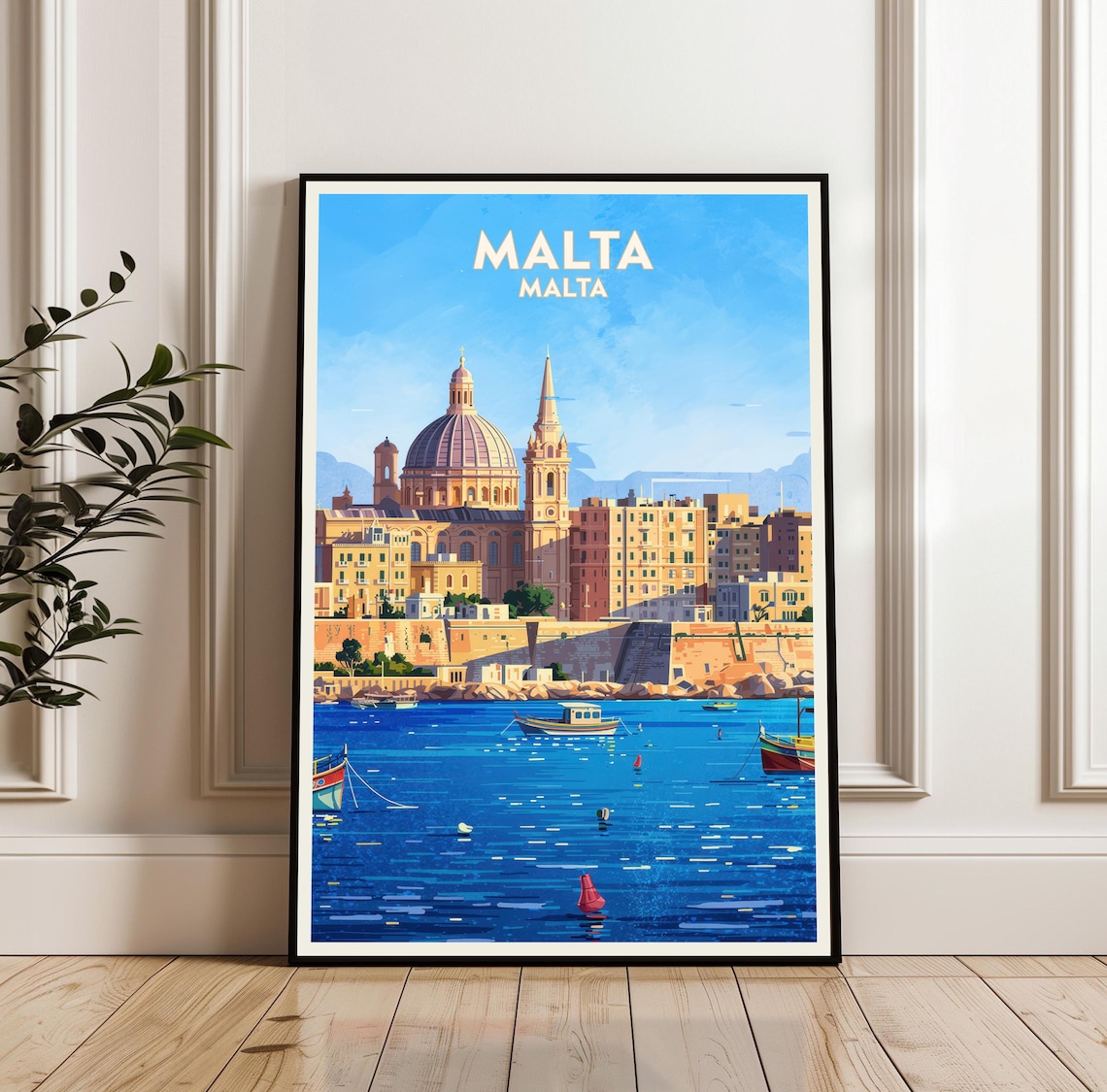 Malta Vintage Travel Poster Harbor Dome Church Boats Mediterranean Art